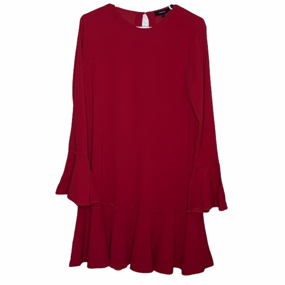 Theory Red Long Sleeve Ruffle Hem Dress